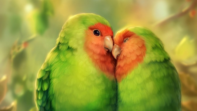 Download Wallpaper Parrots, Birds, Romance, Cute, Art - Cute Birds Hd ...