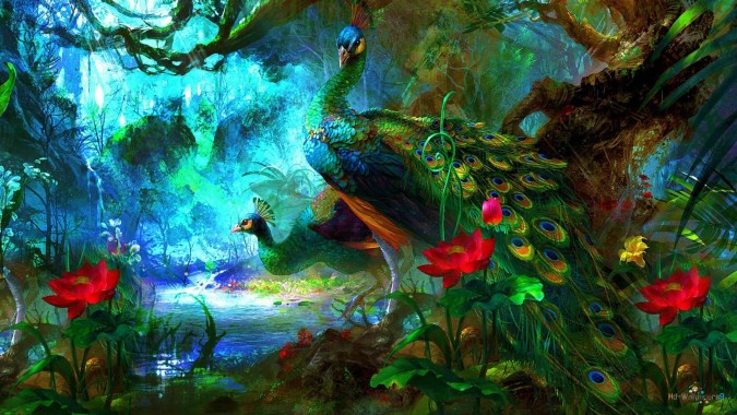 3d Beautiful Peacock And Waterfall Wallpaper Aj Wallpaper - 3d Peacock