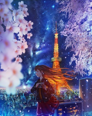 Anime Girl Tokyo Tower Scenic Sakura Blossom Cityscape Night Anime Tokyo Tower 650x813 Download Hd Wallpaper Wallpapertip